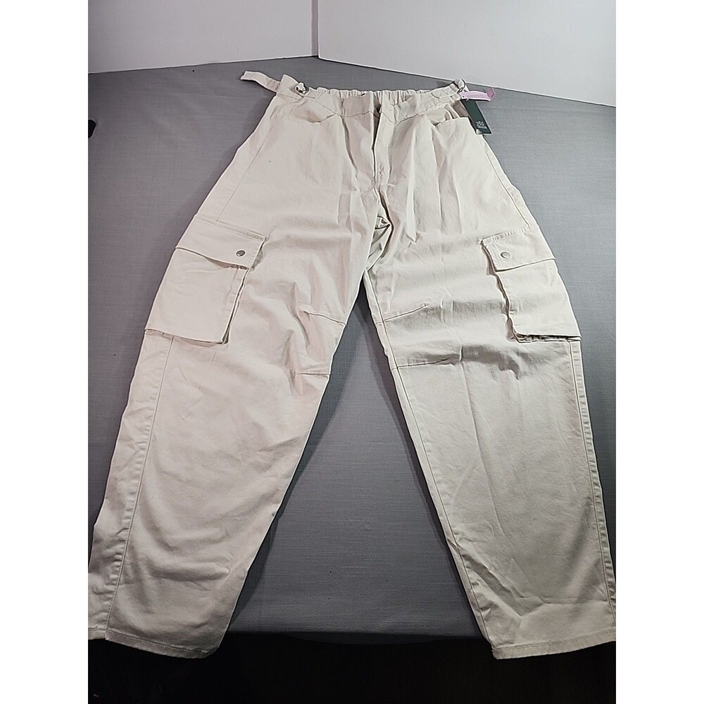 Women’s Ivory Cargo Pants Elastic Waist Utility Casual Trousers Size L - Picture 2 of 9